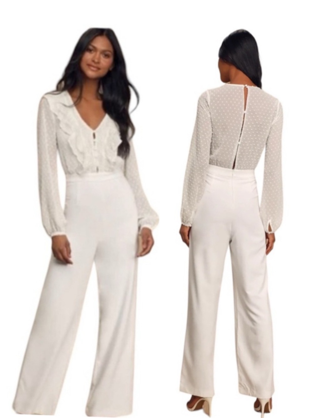 LULU’S CLAREESE ONE PIECE JUMPSUIT LACE IVORY LONG SLEEVE BRIDAL XS